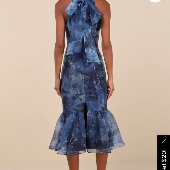 Lulus Admirable Essence Navy Blue Floral Organza Trumpet Midi Dress - Size L - Picture 2 of 4